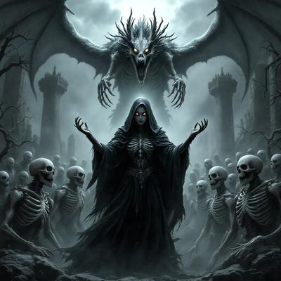 The primary subject of the image is a woman dressed in a black cloak, standing in the center of a group of skeletons. The setting appears to be a dark, eerie environment, possibly a graveyard or a haunted house. The visual style of the image is a digital art or illustration, with the woman and skeletons depicted in a detailed and creepy manner. The colors and mood of the image are predominantly dark and ominous, with the woman's cloak and the